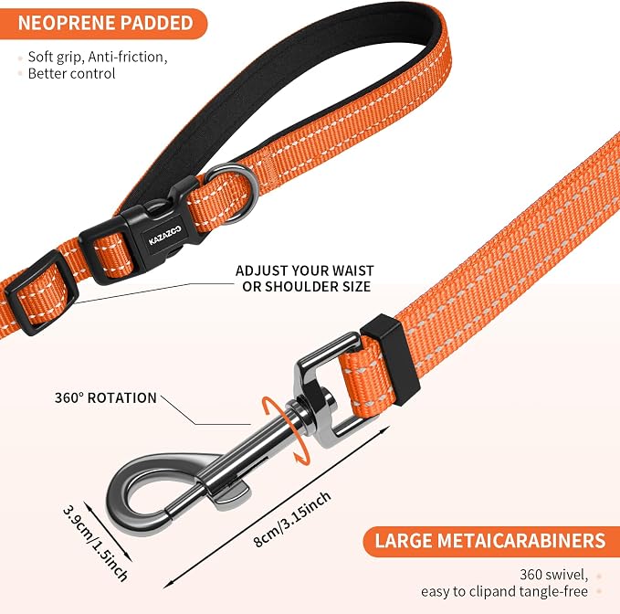 Kazazoo Hands-Free Dog Leash Adjustable Length 5-8 Ft, Waist for Dog Walking, Running for Small &Medium Dogs with Reflective Strips, Ballistic Nylon, Waist Belt, Lightweight Orange M
