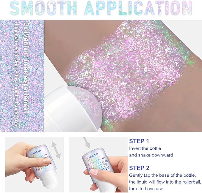Roll-on Holographic Body Glitter Gel for Face and Hair, Chameleon Color Changing Glitter Gel Under Light, Chunky Mermaid Sequins Festival Party Rave Accessories Body Shimmer Makeup (Sparkling Pink)