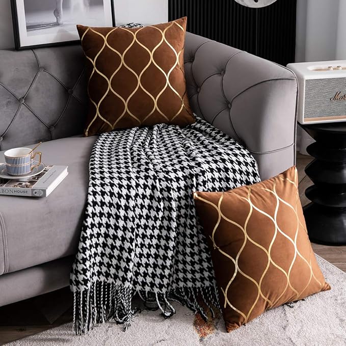Gold Velvet Throw Pillow Covers: 2 Pack 16x16 Inch Square Decorative Pillow Cases for Bedroom Sofa Couch Living Room, Light Brown