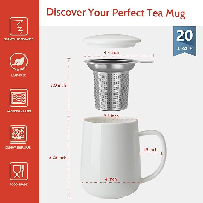 Sweese 20 OZ Porcelain Tea Mug with Infuser and Lid, Loose Leaf Tea Cup, Gifts for Tea Lover - White