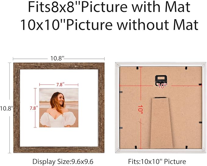 10x10 Picture Frame Set of 9, Display Pictures 8x8 with Mat or 10x10 without Mat, Multi Collage Gallery Square Photo Frames for Wall or Tabletop,Distressed Brown