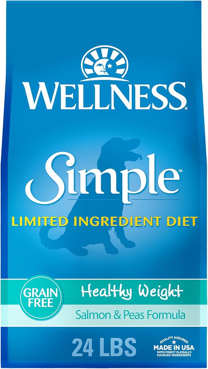 Wellness Simple Limited Ingredient Healthy Weight Adult Dry Dog Food, Grain Free Kibble, Sensitive Stomach, Skin & Coat Support, Natural, Chicken Free, Salmon and Peas Recipe, 24 lb Bag