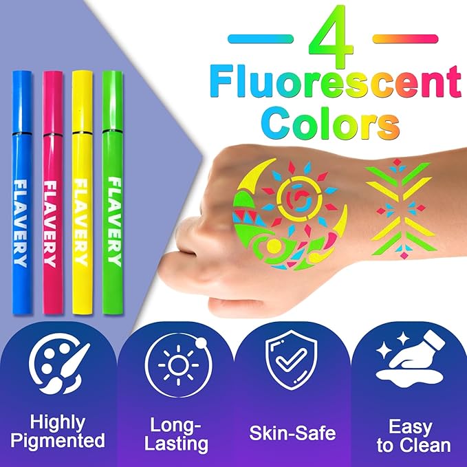 Temporary Tattoo Markers for Skin, 4PCS UV Neon Body Markers + 8 Sheets Temporary Tattoo Stencil for Kids Adult, Flexible Brush Tip, Glow in the Dark Cosmetic Tattoo Pen, DIY Body Art Set