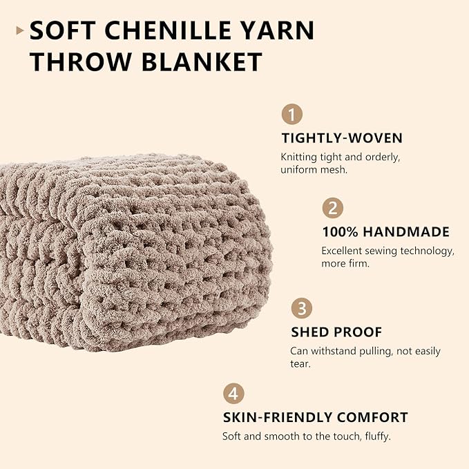 L'AGRATY Chunky Knit Throw Blanket for Couch, 80 x 90 Inches, Light Taupe | Handmade Chenille Crochet Blanket for Sofa Bed, Thick Cable Knitted Blankets for Room Home Decor, Birthday Gift for Women Mom