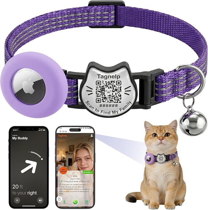 Cat Collar with AirTag Holder, QR Code Tag and Bell (Purple, Dot Matrix)