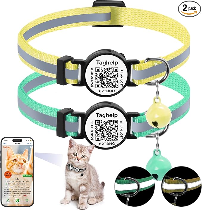 Smart QR Code Cat Collar 2-Pack, Breakaway Reflective Collar with Digital ID Tag - The Smart Upgrade to Personalized Name Collars, Adjustable with Bell (Yellow & Green)
