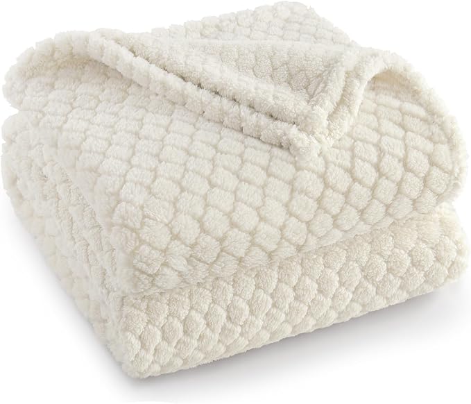 Exclusivo Mezcla Soft Fleece Queen Size Blanket for Bed, Ivory | Jacquard Lightweight Cozy Bed Blanket, Breathable Decorative Fuzzy Textured All Season Use, 90x90 Inches