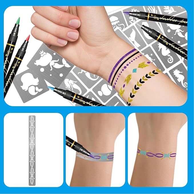 Temporary Tattoo Markers for Skin, 8 Body Markers + 84 Minimalist Armband Tattoo Stencil for Kids Adult, Flexible Brush Tip & Bright Colors Body Marker and Tattoos Stencils Set for Party Favor Gift
