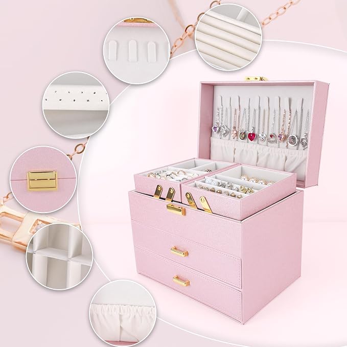 Jewelry Organizer Box, Large Jewelry Boxes for Girls, Space-Saving 4 Layers Jewelry Storage Case with Drawer, Gift for Women, Movable Metal Stand, Modern (Pink+ Gold)