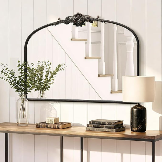 Besdomus Antique Black Wall Mirror: 32"x24" French Ornate Decorative Mirror | Vintage Baroque Ornate Arched Metal Framed for Mantel/Hallway/Bathroom Vanity/Dresser - Ideal Gifts for Housewarming/Birthday