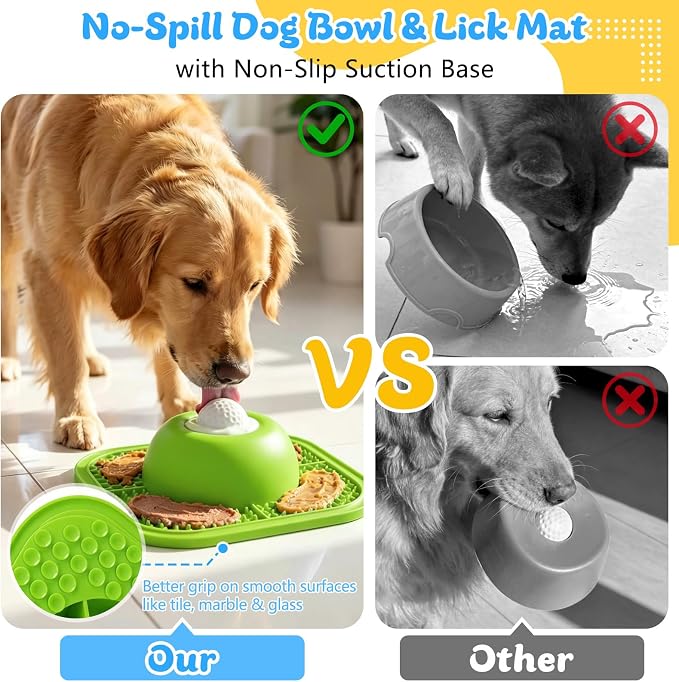 Slow Feeder Dog Bowls & Lick Mat for Liquid and Thick Treat, Anti-Slip Dog Lick Bowl with Interactive Rolling Ball, 5/6 Cup Pup Licking Toy for Large Medium Small Dogs and Cats-Large Green