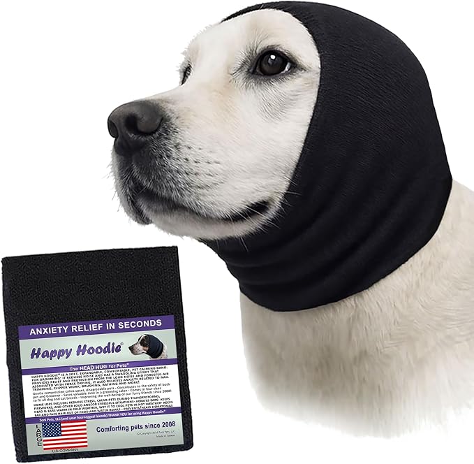 Happy Hoodie The Original Dog & Cat Calming Band - American Brand - Anxiety Relief/Noise Protection - Grooming - Thunder - Fireworks (Large, Black) - Since 2008