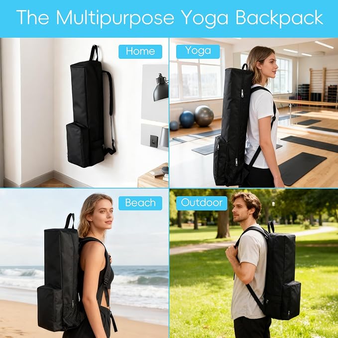 Yoga Mat Bag -Yoga Mat Bag Carrier with Pockets and Adjustable Strap, Lightweight Waterproof Yoga Mat Backpack for Women and Men, Fits Yoga Mats and Yoga Accessories for Workouts (Black)
