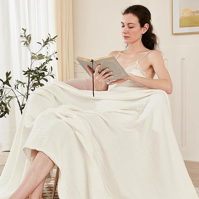 EMME Cotton Muslin Twin XL Blanket Breathable Gauze Soft Lightweight Adults Gifts for Women (White,66"x90")