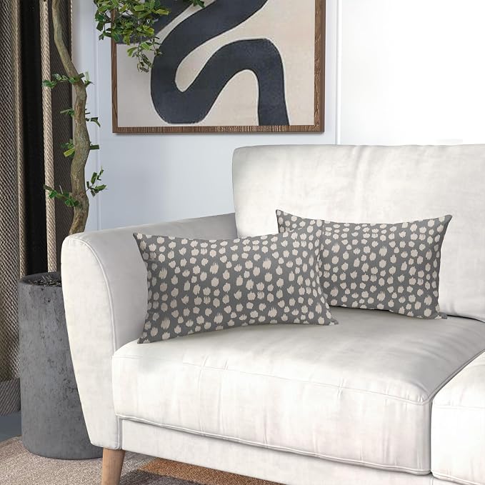 Grey Gray Cream Dots Lumbar Pillow Covers 12x20 Set of 2 Boho Design Polka Dot Print Throw Pillows Modern Outdoor Decorative Pillowcase Rectangle Linen Cushion Cases Decor for Sofa Couch Bed