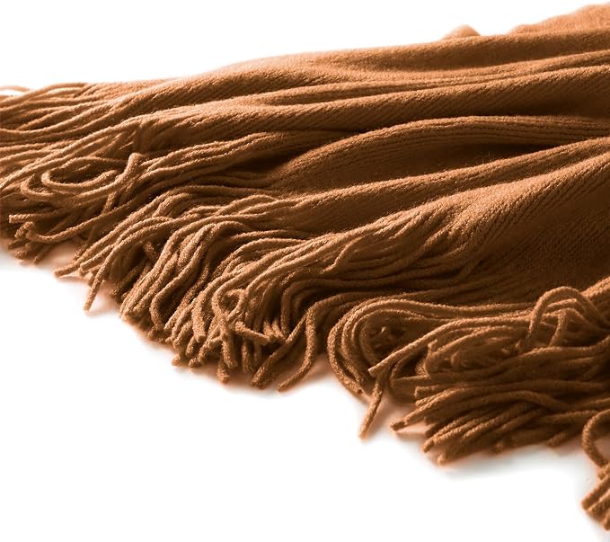 Homiest Camel Brown Knitted Throw Blanket with Fringe, 50x60 Inch | Pure Acrylic, Lightweight & Breathable, All-Season Use, Machine Washable, Wrinkle & Fade Resistant, for Couch Sofa And Bed