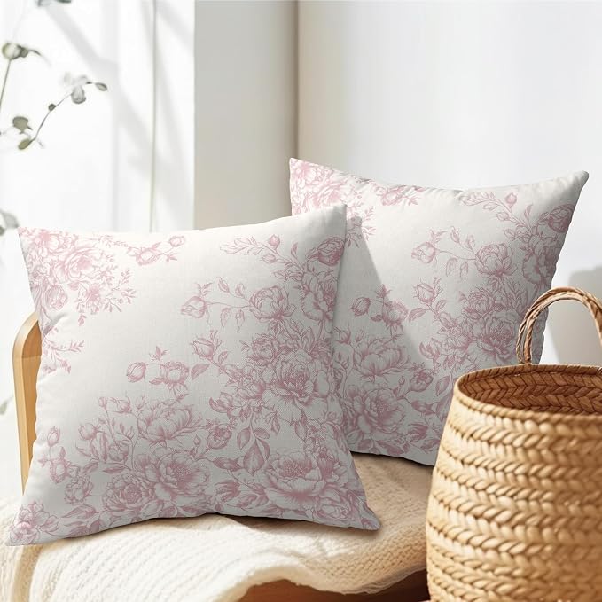 Kawani Pink Chinoiserie Floral Pillow Covers Set of 2, 20x20 Inch Vintage Art Flower Leaves Cotton Linen Square Cushion Pillowcases for Sofa Bed Couch Living Room Bedroom Seasonal Decor