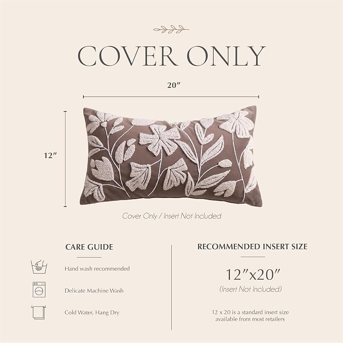 Decorative Lumbar Pillow Cover 12x20 Inch, Taupe Brown Floral Tufted Velvet Accent Pillow Case for Sofa Bed Living Room, Cover Only