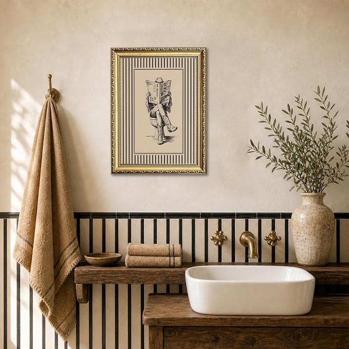 Gold Framed Funny Cowgirl Bathroom Wall Art Western Cowgirl Reading Newspaper on Toilet Wall Decor, Farmhous Vintage Cowboy Bathroom Poster Canvas Painting Print Picture 16x24 inch