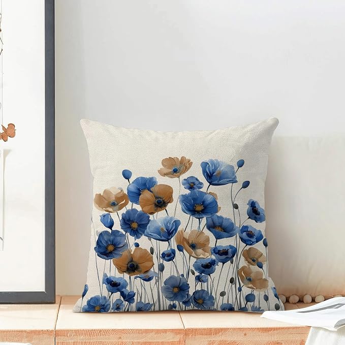 Spring Floral Pillow Covers 18x18 Set of 2 Blue Brown Flower Decorative Throw Pillow Covers Decoration Summer Seasonal Pillowcase Farmhouse Decorative Cushion Cover For Home Sofa Outdoor Decor