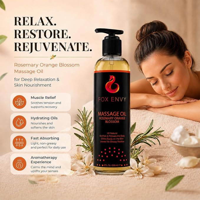 Massage Oil for Couples, Women & Men (1 Bottle, 8 fl oz) - Fox Envy Orange Blossom with Rosemary Scented Sensual Oil with Coconut Oil & Jojoba Oil - Enhances Stimulation for The Body & Muscles