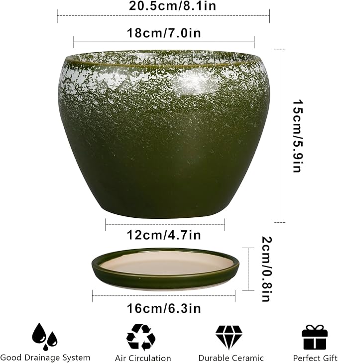 Ceramicfor 8 Inch Plant Pot - Ceramic Planter with Drainage Hole and Saucer, Modern Flower Pot for Glazed Indoor Plants Outdoor, Dark Green