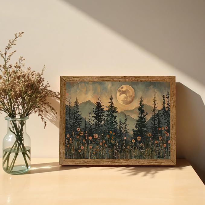 JLTULT Vintage Pine Tree Wall Art, Moonlit Wood-Framed Canvas, 8 x 10 In | Moonlit pine forest with wildflowers, fade-resistant canvas and ready-to-hang frame for bedrooms, living rooms and offices