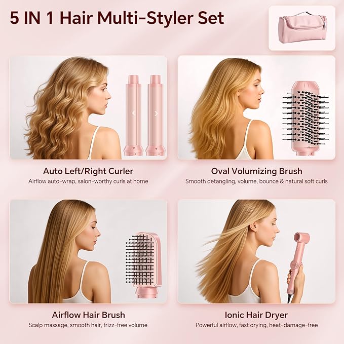 5 in 1 Hot Air Styler, 1300W 110000 RPM High-Speed Hair Dryer Brush with Auto-Wrap Curlers, Frizz-Free Volumizing Straightening Curling for All Hair Types, No Heat Damage, Travel Bag