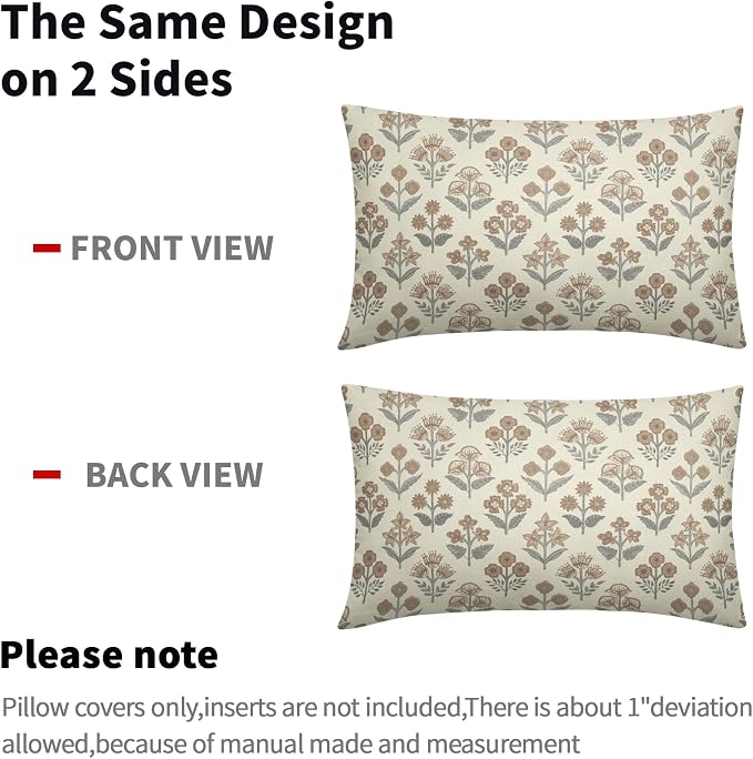 Brown Grey Gray Floral Pillow Covers 12x20 Inch Set of 2, Block Print Lumbar Flower Cream Decorative Throw Pillowcases Outdoor Farmhouse Rectangle Cushion Covers Spring Summer Sofa Couch Bed Decor