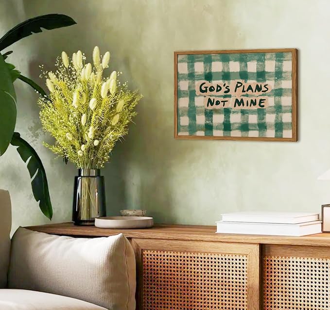 Framed God's Plans Not Mine Canvas Wall Art, Inspirational Faith Quote Pictures Wall Decor, Green Gingham Paintings Prints Christian Home Decor for Living Room Bedroom Dorm Office 12x16 inch