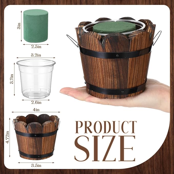 6 Pcs Rustic Wood Whiskey Barrel Planter with Removable Plastic Liners & Floral Foam Blocks, Farmhouse Decor for Wedding Table, Home, Garden, Kitchen & Party Centerpieces (Trendy)