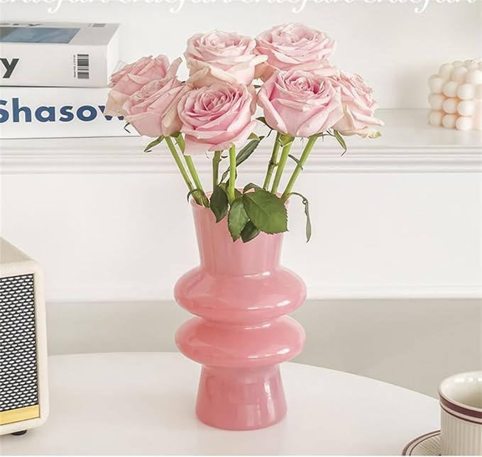 JSPYFITS Modern Glass Vases, 7.87" Tall Four-Layer Book Vase Bubble Flower Vases Decorative for Home Decor, Pink Glass Table Vase for Wedding Housewarming Gift