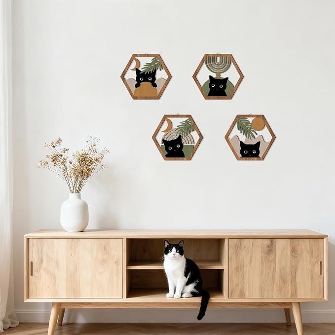 HPNIUB Boho Black Cat Wall Decor, Farmhouse Geometric Hanging Wooden Wall Art, 4 Pieces 11''x9.8'' Mid Century Bohemian Abstract Moon and Sun Wood Sign for Nursery Bedroom Decoration, Lovely Cat Gifts