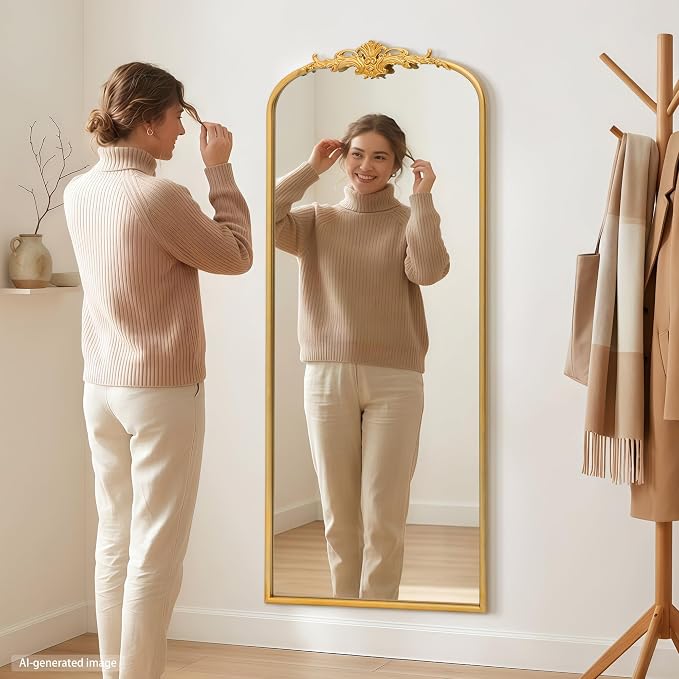 Besdomus Antique Mirror Full Length: 26"x63" Gold Long Arched Body Mirrors | French Floor Standing Metal Framed - Vintage Baroque Traditional Ornate - Ideal for Foyer/Cloakroom/Bedroom/Dressing Room