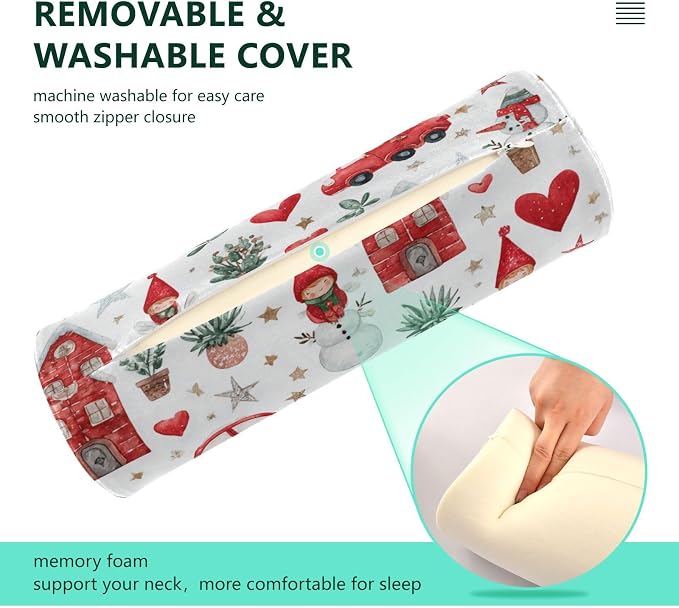 Watercolor Christmas Elves Stars White Neck Roll Pillow Bolster Round Health Memory Foam Long Cervical Cylinder Pillows with Removable Washable Cover for Body Bed Legs Back Yoga