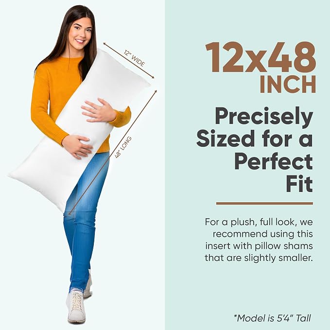Pillowflex Synthetic Down Pillow Insert 12x48 in - Karate Chop Pillow | Large Rectangle Sham Form, Plush Polyester Cotton Blend, Cloud-Like Comfort, Clump-Resistant Fill, Smooth Elegant Finish