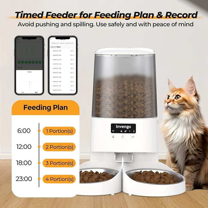 Automatic Cat Feeder with App Control, 5L Food Dispenser for 2 Cats, 2.4/5G WiFi, Dual Power, Programmable Portions, Anti-Jam & Fresh-Lock, Stainless Steel Bowls, Easy to Clean
