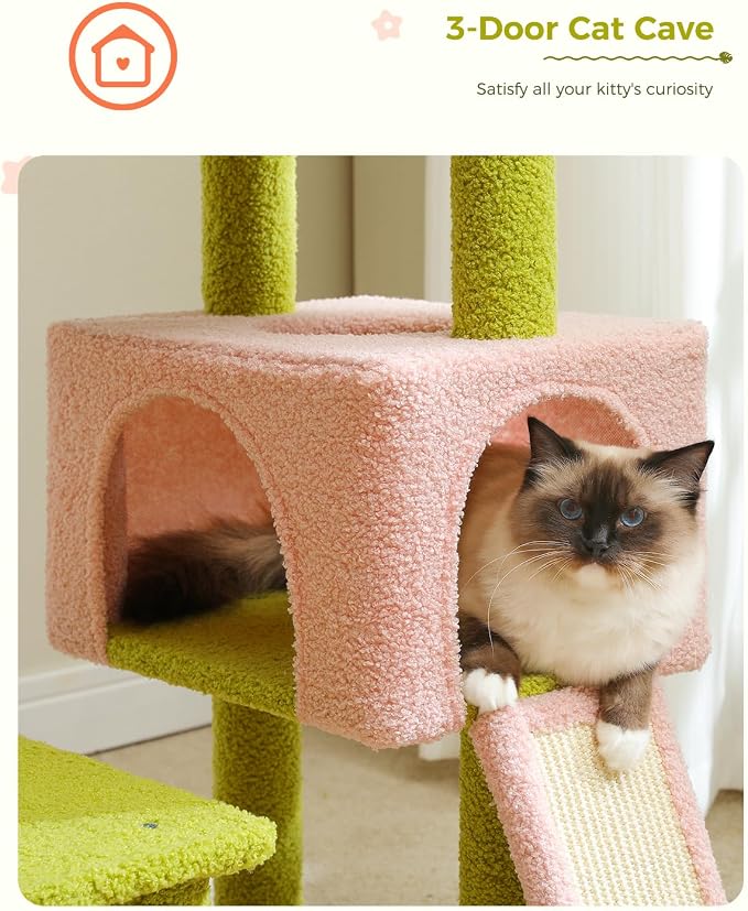 Flower Cat Tree 47.2" Multi-Level Cat Tower with Sisal Covered Scratching Posts, Cute Cat Condo for Indoor Small Medium Cats, Pink Top Perch, Fluffy Ball, Pink | Multi-level layout, Sisal-wrapped posts, Pink flower perch, Fluffy ball toy, Cozy condo, F...