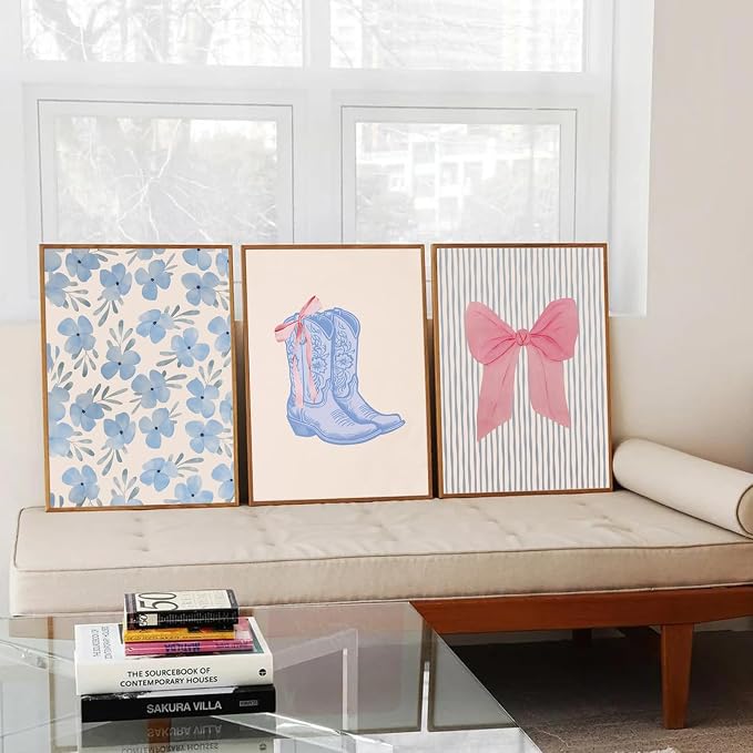 Blue and Pink Preppy Poster Set of 6 Cute Coquette Bow Boots Wall Art Aesthetic Coastal Wall Art, Trendy Girls Dorm Decor Cute Pink Bows Wall Decor for Bedroom Living Room Unframed 12x16 Inch