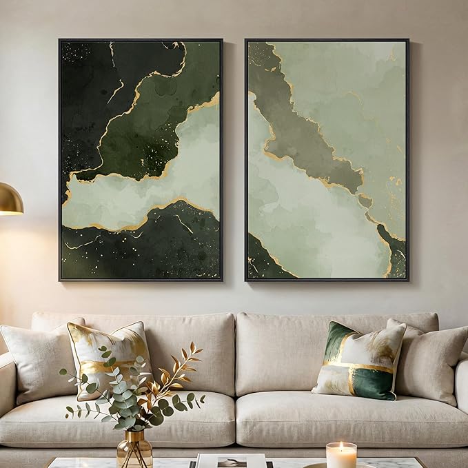 Large Framed Green Abstract Wall Art Set of 2, Modern Canvas Prints Paintings for Walls, Minimalist Sage Green and Gold Abstract Pictures for Living Room Dining Bedroom Hallway Wall Decor 24x36 In