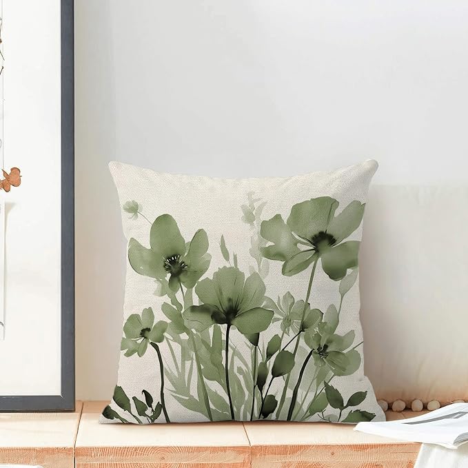 Spring Floral Pillow Covers 18x18 Inches Set of 2,Sage Green Floral Throw Pillow Covers Outdoor Summer Flower Decoration Pillowcase Farmhouse Decorative Square Linen Cushion Cover For Home Sofa