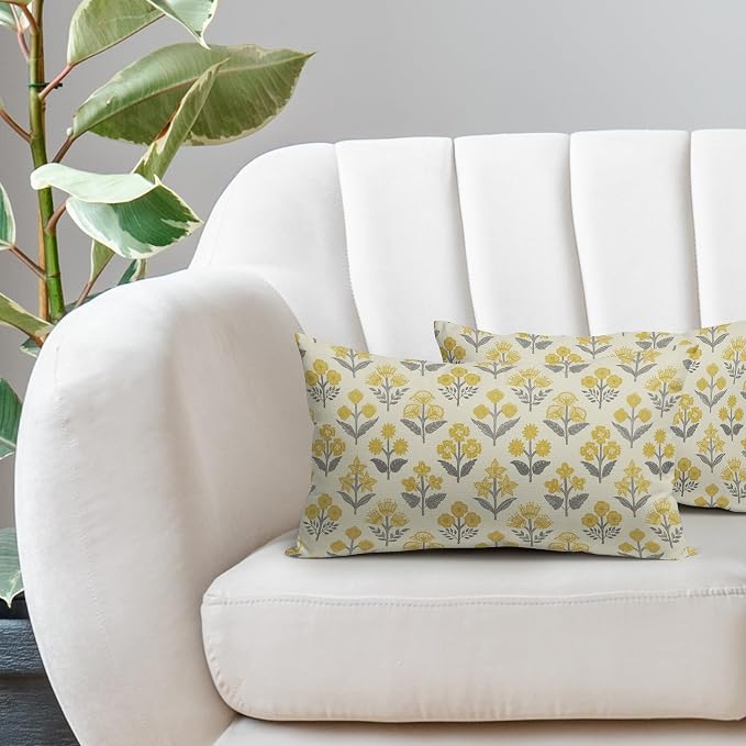 Yellow Grey Gray Floral Pillow Covers 12x20 Inch Set of 2, Block Print Lumbar Flower Cream Decorative Throw Pillowcases Outdoor Farmhouse Rectangle Cushion Covers Spring Summer Sofa Couch Bed Decor