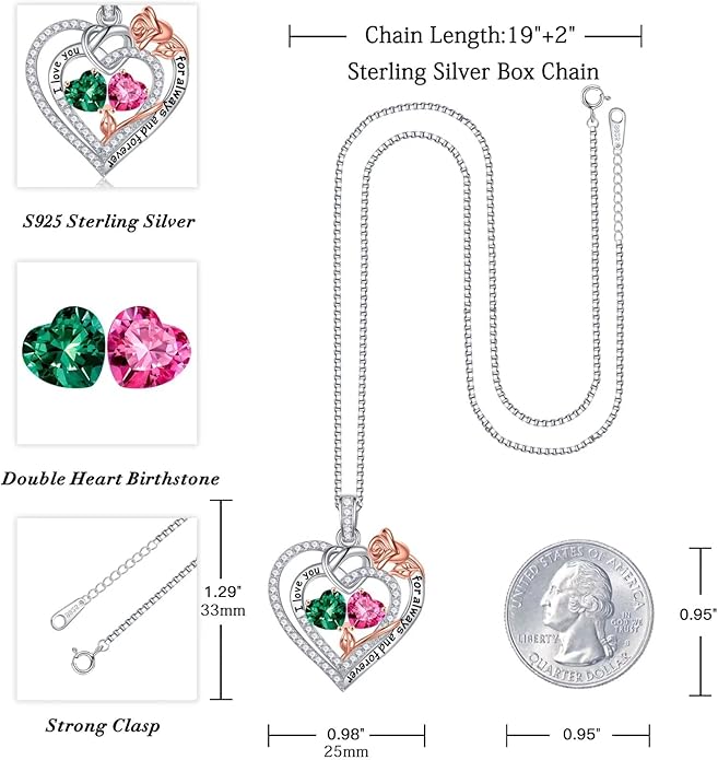 Iefil Valentines Day Gifts for Her Wife - 925 Sterling Silver Double Birthstone Necklace, Anniversary Birthday Gifts for Women, Jewelry Gift for Wife Girlfriend Mom Her