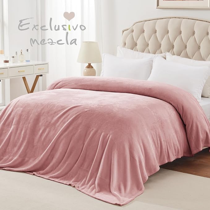 Exclusivo Mezcla Soft Fleece Blanket Twin Size for Bed, Dusty Pink | 60x80 Inches, Double-Sided Brushed Flannel, Lightweight Plush Cozy Blanket for Home Decor, All Season, Machine Washable
