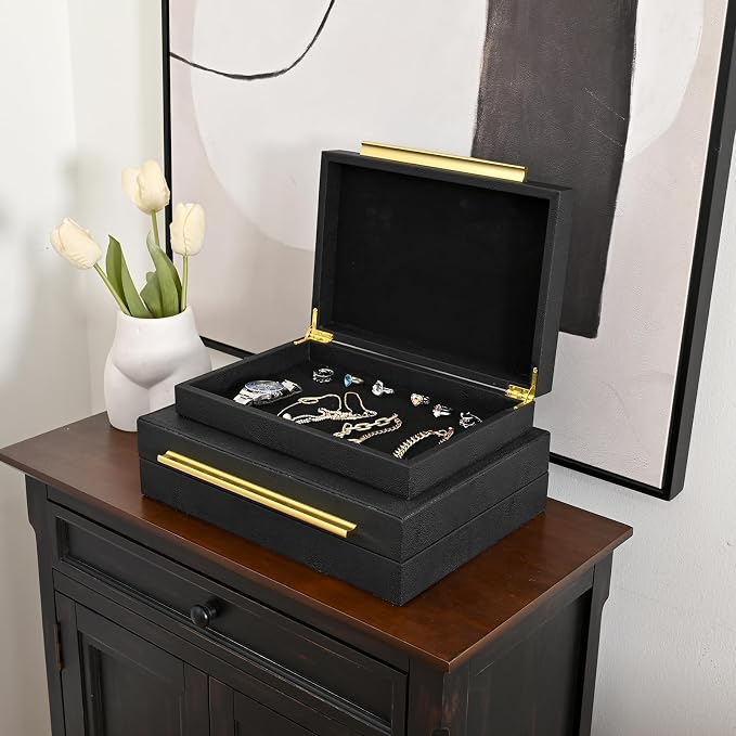 DECOR4SEASON Faux Shagreen Leather Jewelry Boxes Set of 2 with Gold Handles | Decorative Organizer Storage Box for Rings, Earrings, Watches, Dresser, Vanity, Stackable, Black