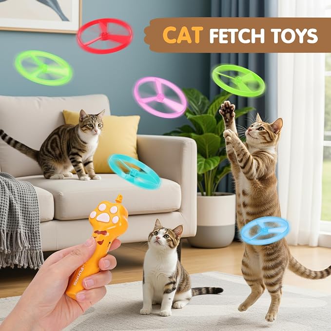 Cat Fetch Toy, Flying Disc Launcher with 6 Flying Discs