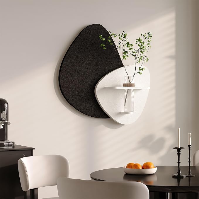 Cuspin 3D Textured Black and White Wall Art with Vase and Shelf, 1 Piece | Modern minimalist wall decor, Abstract art wall decor, Sculptural wall art for living room bedroom dining room hallway decor
