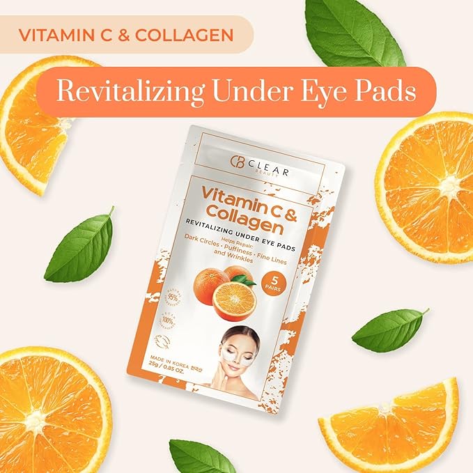 Clear Beauty Vitamin C & Collagen Under Eye Patches – Reduces Dark Circles, Puffiness & Fine Lines – Hydrating & Firming Eye Pads – Dermatologist Tested, Korean Skin Care, Vegan Clean Beauty – 5 Pack
