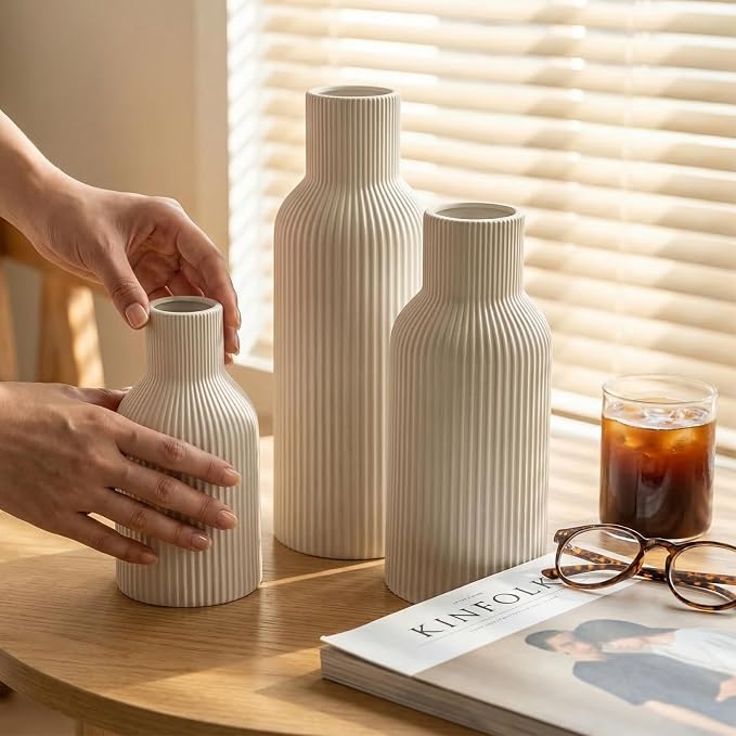 White Ceramic Flower Vase Set of 3 Matte Ribbed Waterproof | Waterproof interior for fresh or dried pampas. Minimalist centerpiece for living room, entryway, office, or wedding