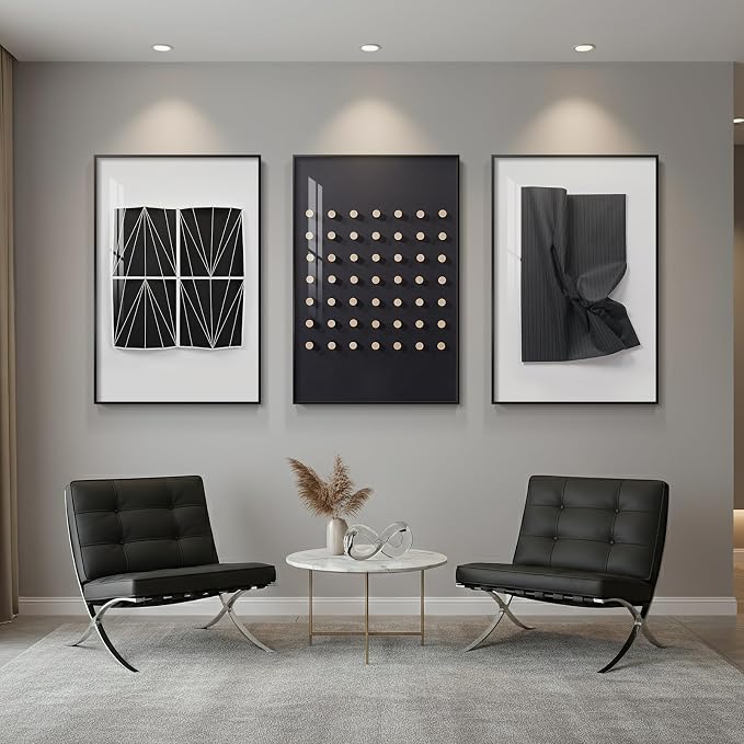 Large Framed Modern Elegant Black and White Abstract Wall Art for Living Room, 3 Piece Contemporary Prints Paintings, Big Size Geometric Pictures for Bedroom Entryway Home Office Wall Decor 24x36 In